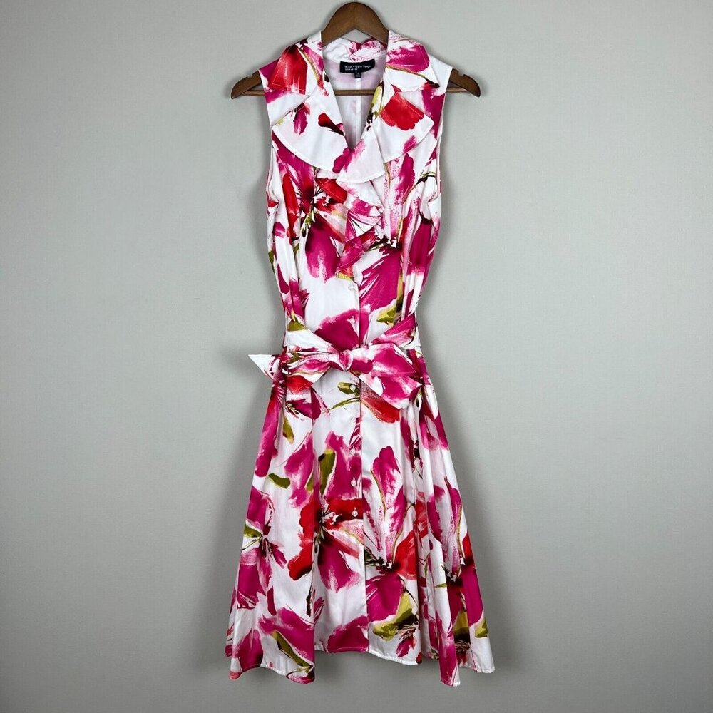 Jones New York Dress Womens 10 Pink Floral Ruffle Collar Belted Button Up A-Line - Picture 12 of 12